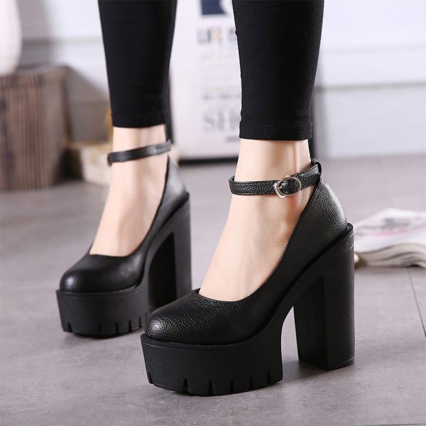 Women's Platform Chunky High Heels Ankle Buckle Strap Round Toe Non Slip Mary Jane Pumps