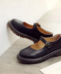 Retro Buckle Strap Women Mary Janes Shoes Solid Color Shallow Shoes Ladies