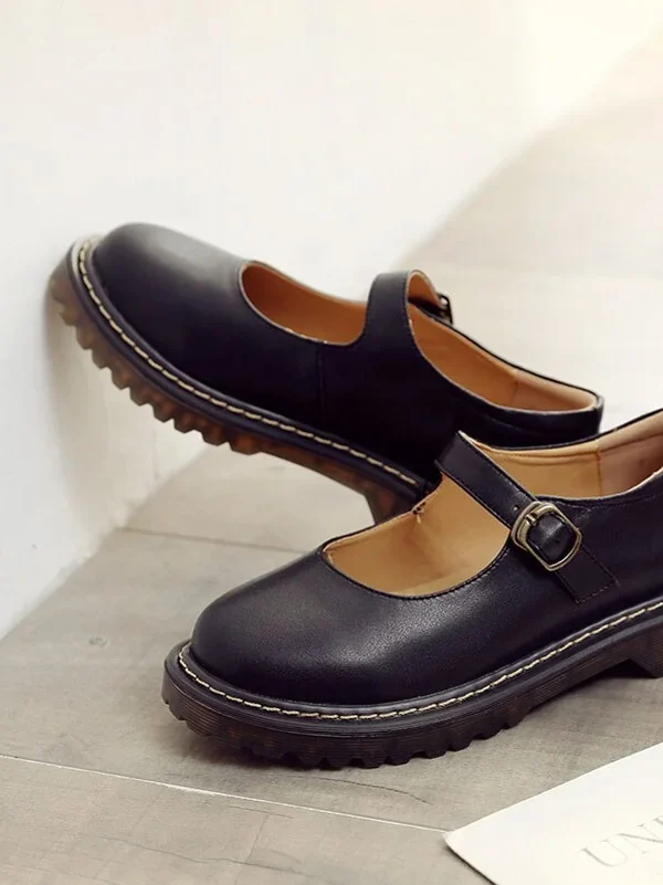 Retro Buckle Strap Women Mary Janes Shoes Solid Color Shallow Shoes Ladies