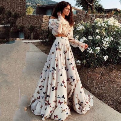 Vintage Butterfly Print Dress Women Elegant Long Sleeve Dresses Off Shoulder Beach Party