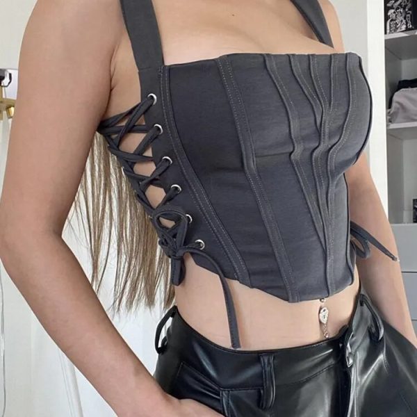 Street Hollow Side Tie-Up Tank Top Corset Bustier Women Sleeveless Low Cut Bandage Crop Top