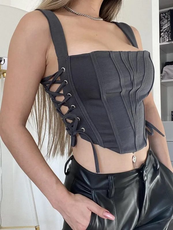 Street Hollow Side Tie-Up Tank Top Corset Bustier Women Sleeveless Low Cut Bandage Crop Top