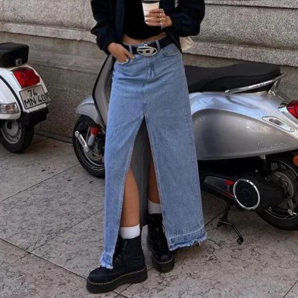 New Cotton Simple Vintage Long A-Line Skirt Slit Denim Skirt Y2K Party Skirt