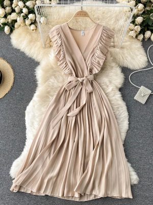 Summer Dress Women V Neck Pleated Solid Color Drawstring Robe Longue Retro Elegant Dress
