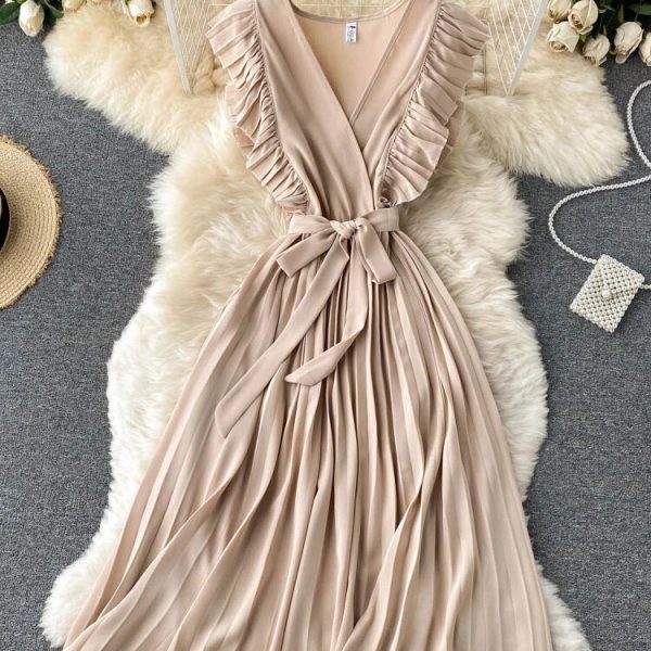 Summer Dress Women V Neck Pleated Solid Color Drawstring Robe Longue Retro Elegant Dress