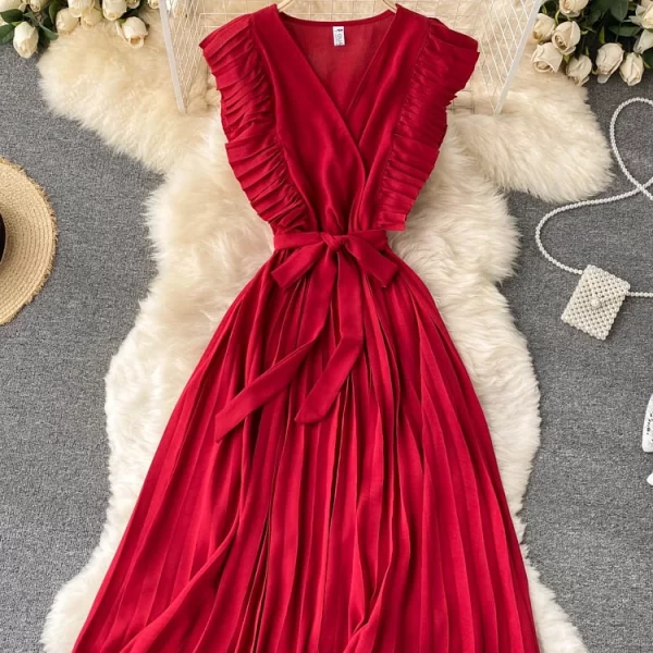 Alternative view of Summer Dress Women V Neck Pleated Solid Color Drawstring Robe Longue Retro Elegant Dress