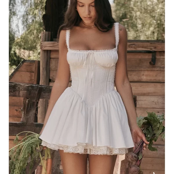 Sweet Backless Mini Dress Women Solid Lace Hem Chest Wrap Suspenders Dresses