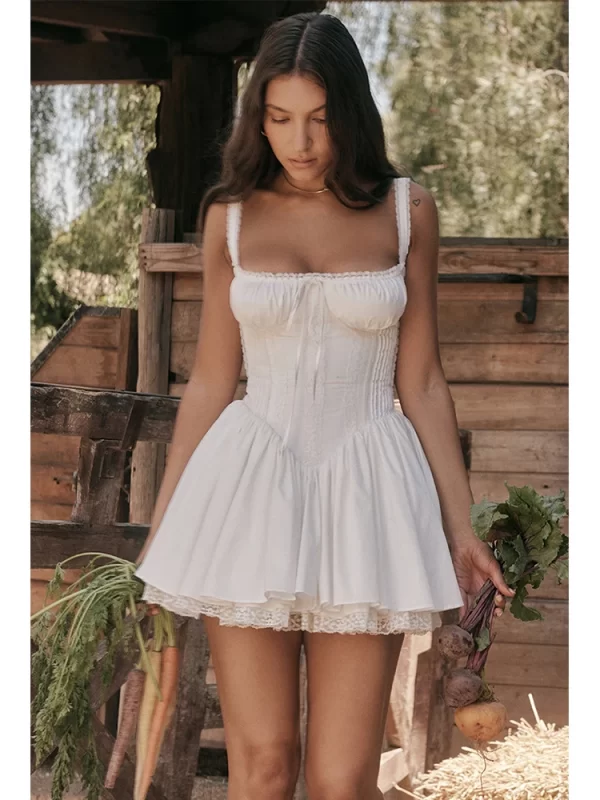 Sweet Backless Mini Dress Women Solid Lace Hem Chest Wrap Suspenders Dresses