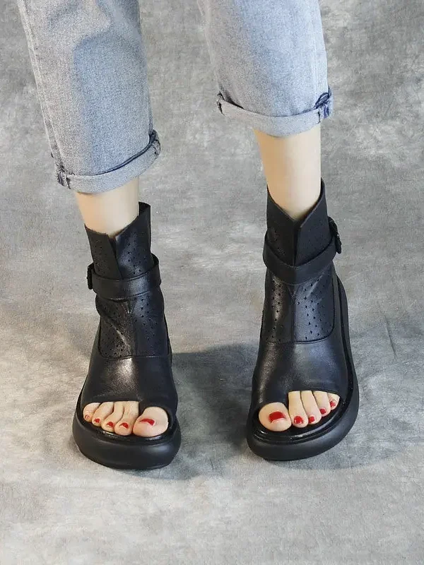 Alternative view of Open Toe Retro Leather Wedge Sandals Women Sandals