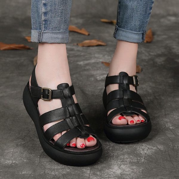 Alternative view of Summer Leather Woven Wedge Sandals Slingback Women Sandals