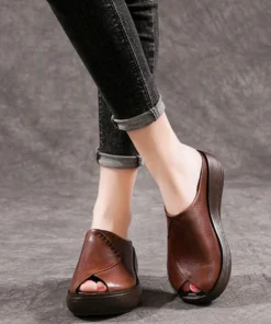 Summer Retro Leather Wedge Fish Toe Slippers Women Sandals