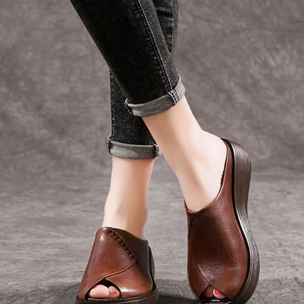Summer Retro Leather Wedge Fish Toe Slippers Women Sandals