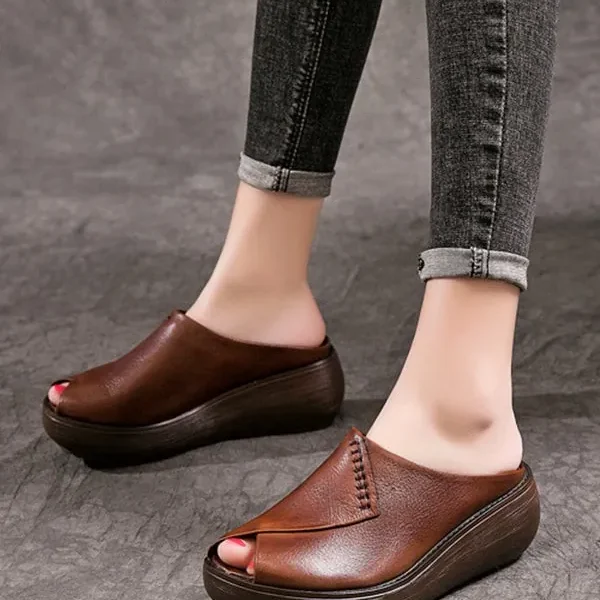 Alternative view of Summer Retro Leather Wedge Fish Toe Slippers Women Sandals