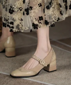 Ankle Strap Brogue Mary Janes Chunky Heel Shoes for Women