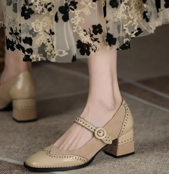 Ankle Strap Brogue Mary Janes Chunky Heel Shoes for Women