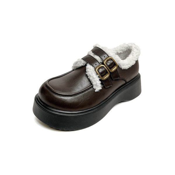 Double Buckle Round Toe Winter Loafers With Fur Loafers