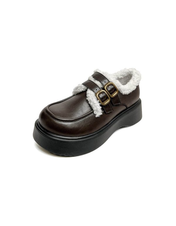 Double Buckle Round Toe Winter Loafers With Fur Loafers