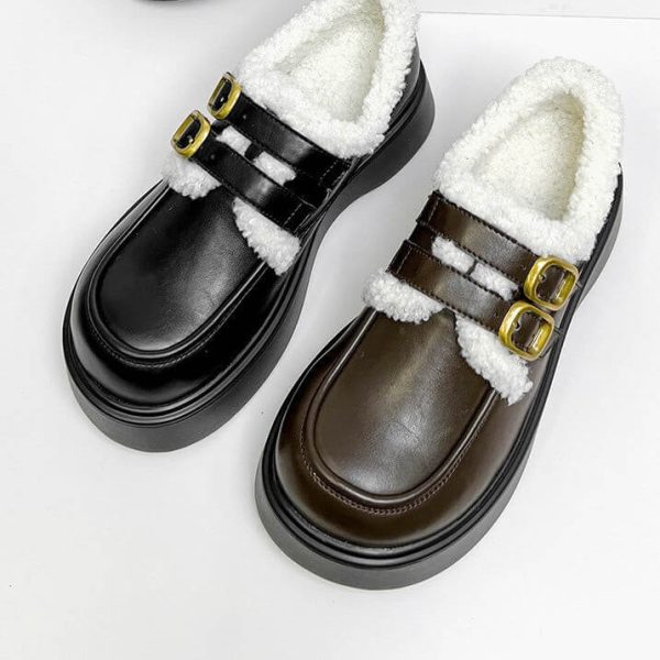 Alternative view of Double Buckle Round Toe Winter Loafers With Fur Loafers