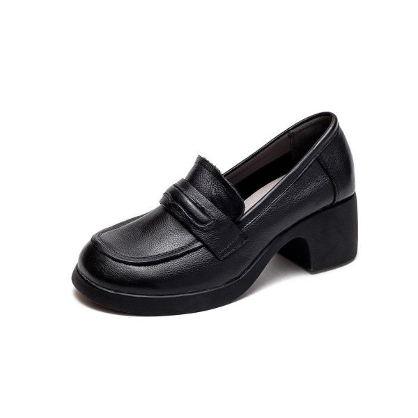 Handmade Retro Leather Chunky Heels Loafers for Women Loafers