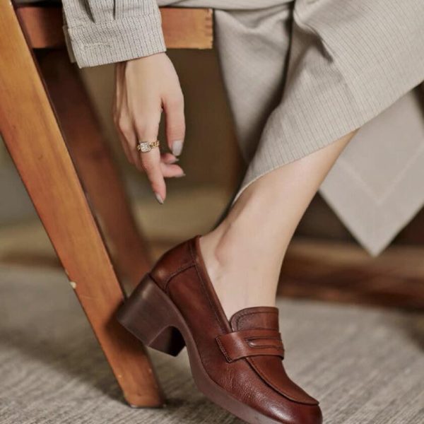 Alternative view of Handmade Retro Leather Chunky Heels Loafers for Women Loafers