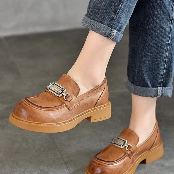 Alternative view of Metal Decor Round Toe Real Leather Loafers Loafers