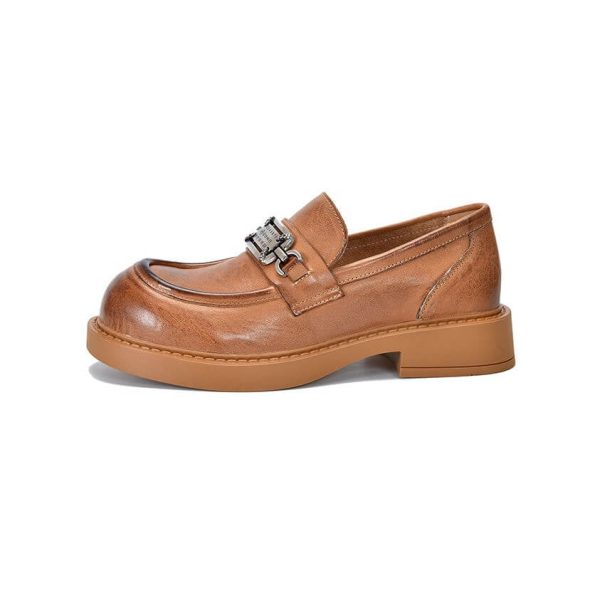 Metal Decor Round Toe Real Leather Loafers Loafers
