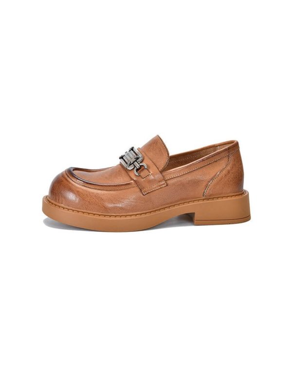 Metal Decor Round Toe Real Leather Loafers Loafers