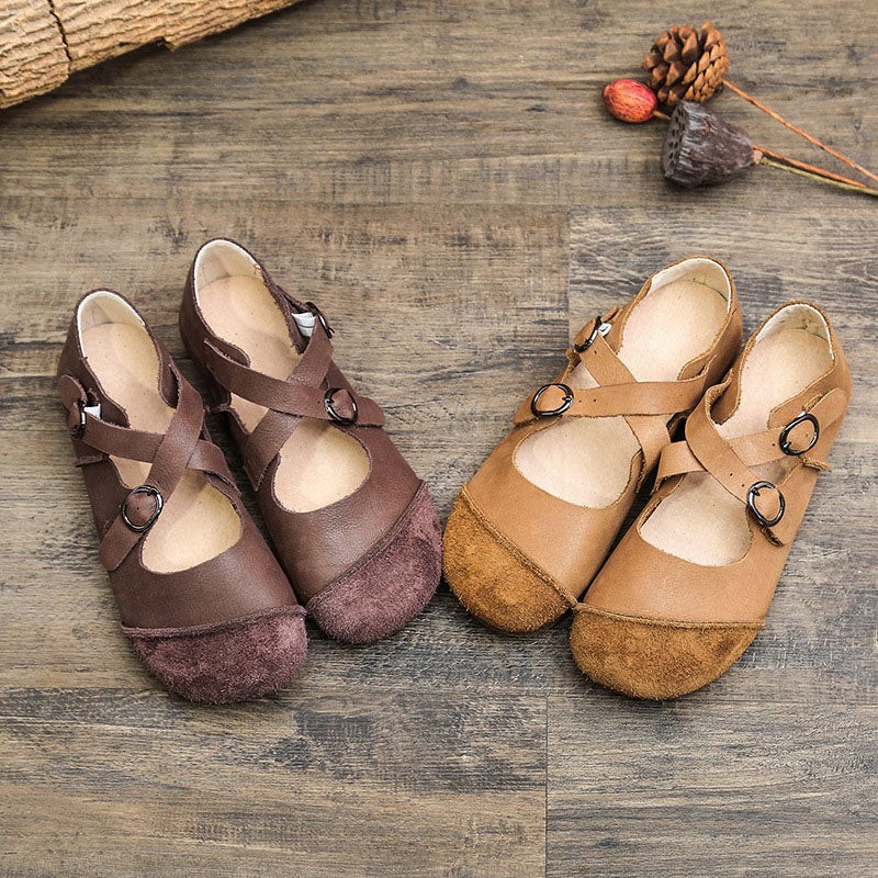 Handmade Soft Leather Cross Strap Flats Spring Flat Shoes - Image 3