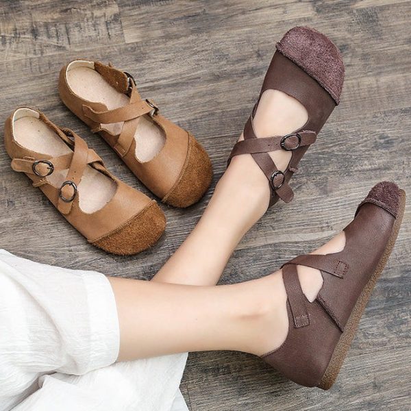 Alternative view of Handmade Soft Leather Cross Strap Flats Spring Flat Shoes
