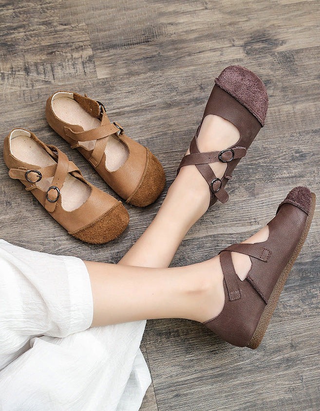 Handmade Soft Leather Cross Strap Flats Spring Flat Shoes - Image 2