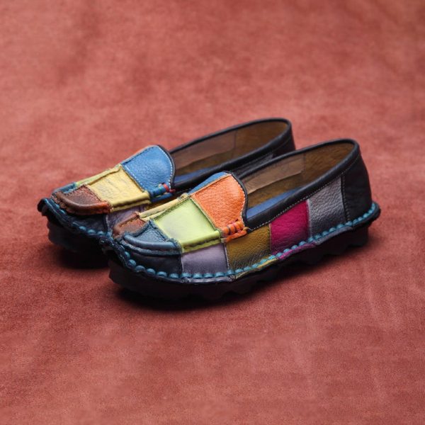 Alternative view of Color Plaid Round Head Handmade Retro Leather Loafers Loafers