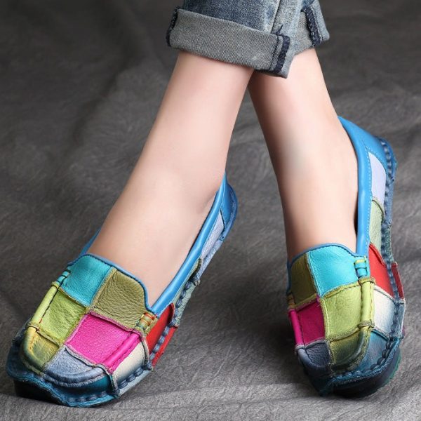 Alternative view of Color Plaid Round Head Handmade Retro Leather Loafers Loafers