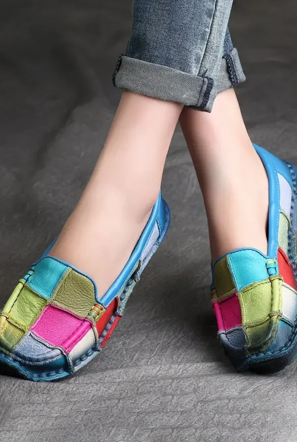 Alternative view of Color Plaid Round Head Handmade Retro Leather Loafers Loafers