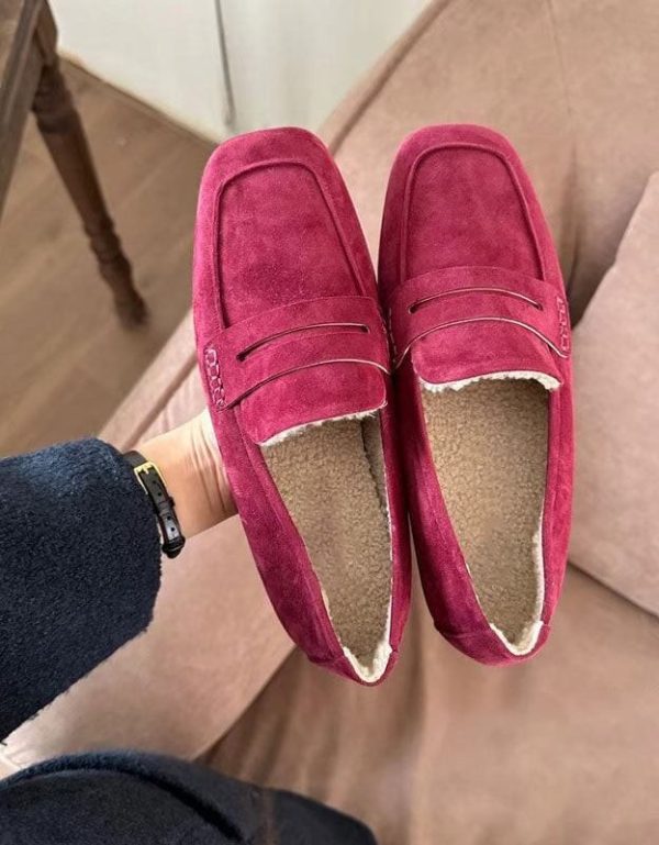 Square Head Fur Liner Suede British Loafers for Loafers