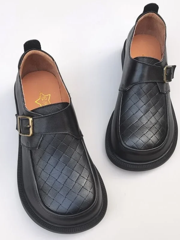 Front Buckle Retro Leather Wide Toe Box Loafers Loafers