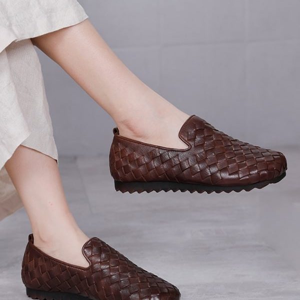 Alternative view of Women Leather Handmade Woven Retro Flat Loafers Loafers