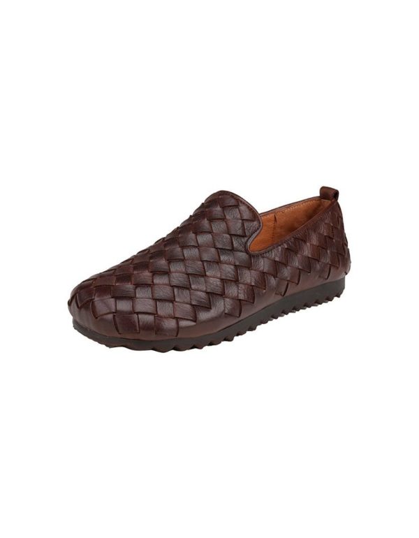 Women Leather Handmade Woven Retro Flat Loafers Loafers