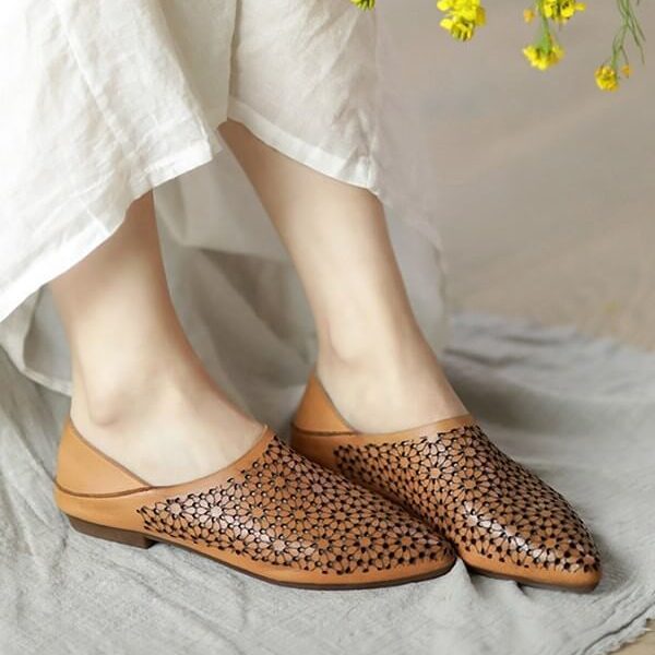 Pointed Toe Hollow Handmade Retro Leather Flats Flat Shoes