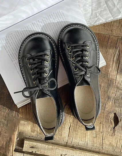 Round Toe Thick Lace Up Retro Leather Shoes Flat Shoes