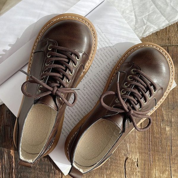 Alternative view of Round Toe Thick Lace Up Retro Leather Shoes Flat Shoes