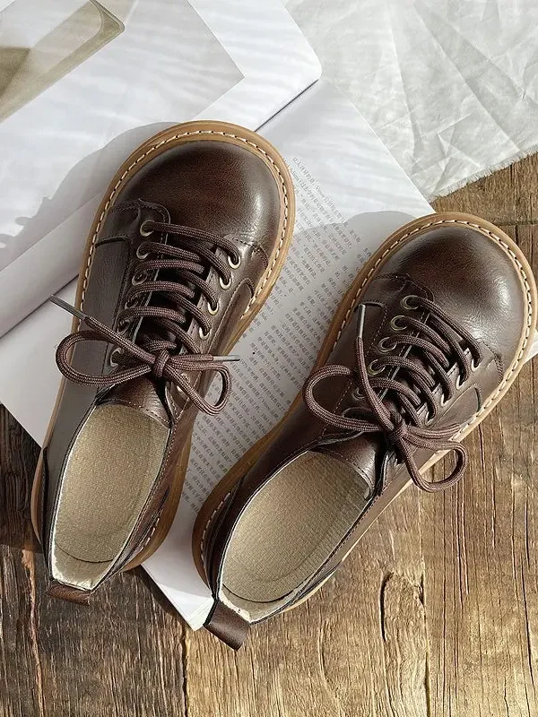 Alternative view of Round Toe Thick Lace Up Retro Leather Shoes Flat Shoes