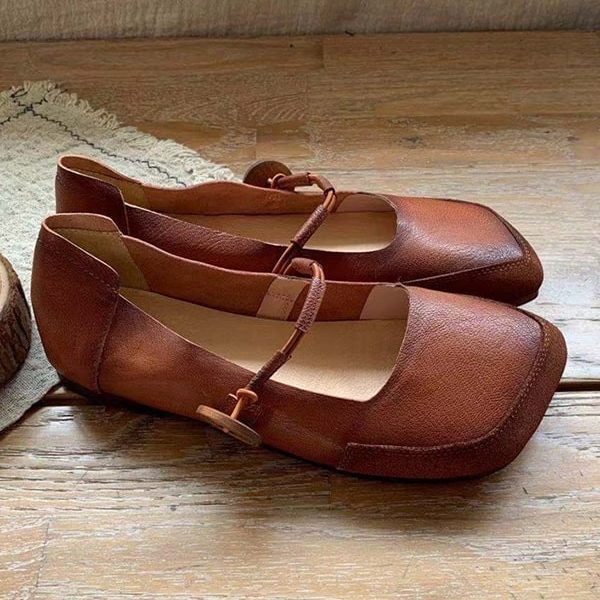 Square Head Handmade Retro Flats Flat Shoes