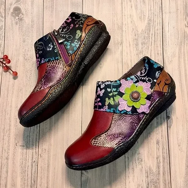 Ethnic Flowers Leather Embossed Handmade Shoes Flat Shoes