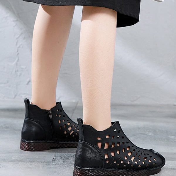 Alternative view of Retro Leather Soft Bottom Hollow Summer Boots Flat Shoes