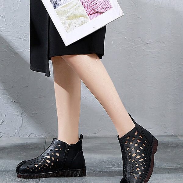 Retro Leather Soft Bottom Hollow Summer Boots Flat Shoes