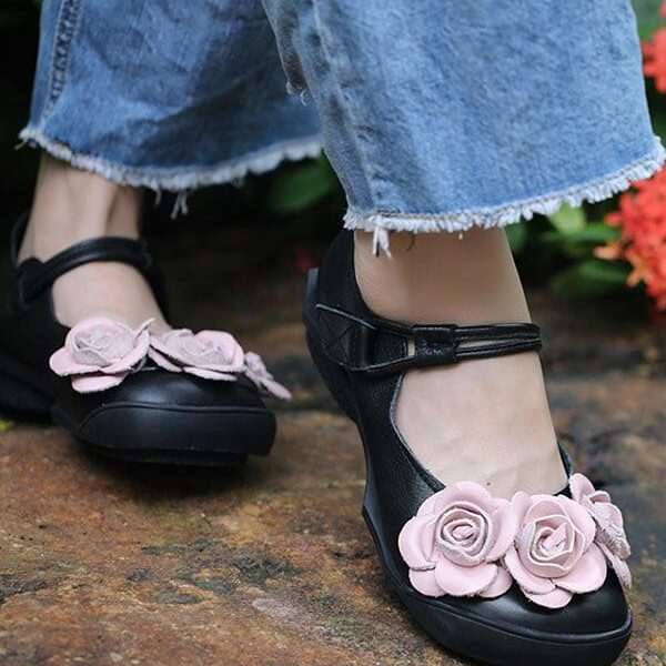 Handmade Flower Retro Leather Flats Black Flat Shoes