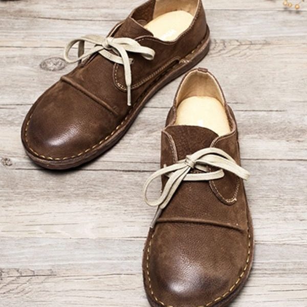 Alternative view of Handmade Leather Lace Up Round Head Flat Shoes Flat Shoes