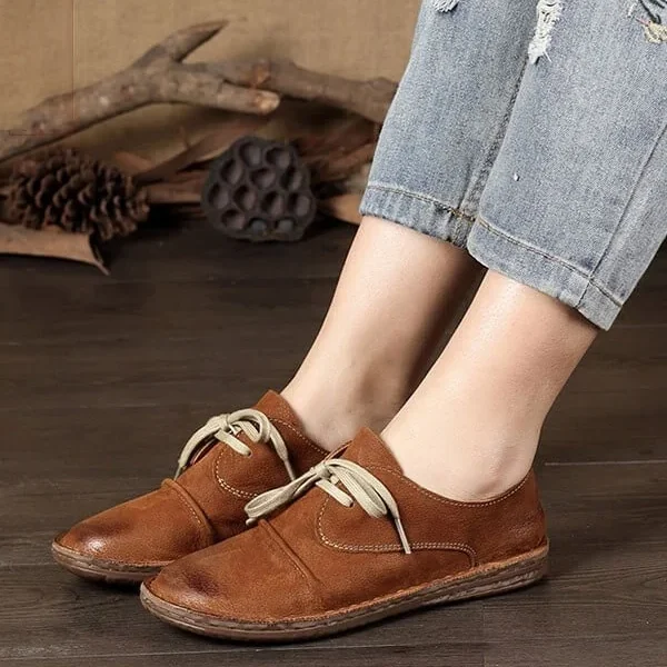 Handmade Leather Lace Up Round Head Flat Shoes Flat Shoes