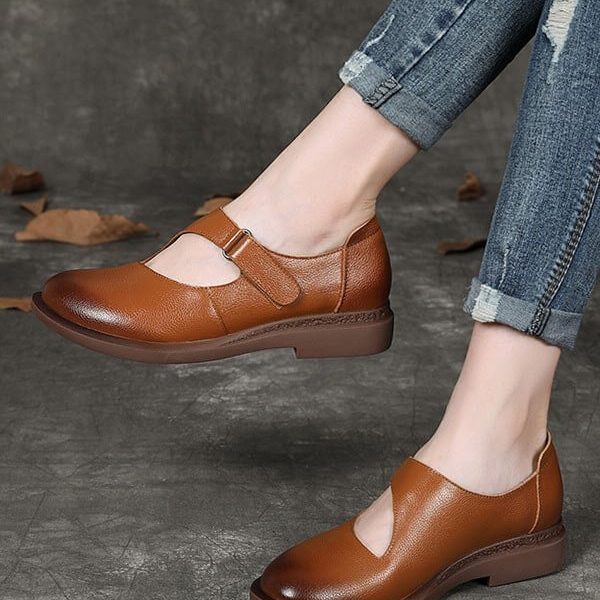 Handmade Retro Leather Buckle Flat Flat Shoes