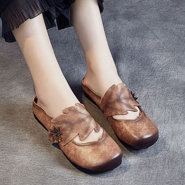 Handmade Retro Leather Leaf Flat Slippers Flat Shoes